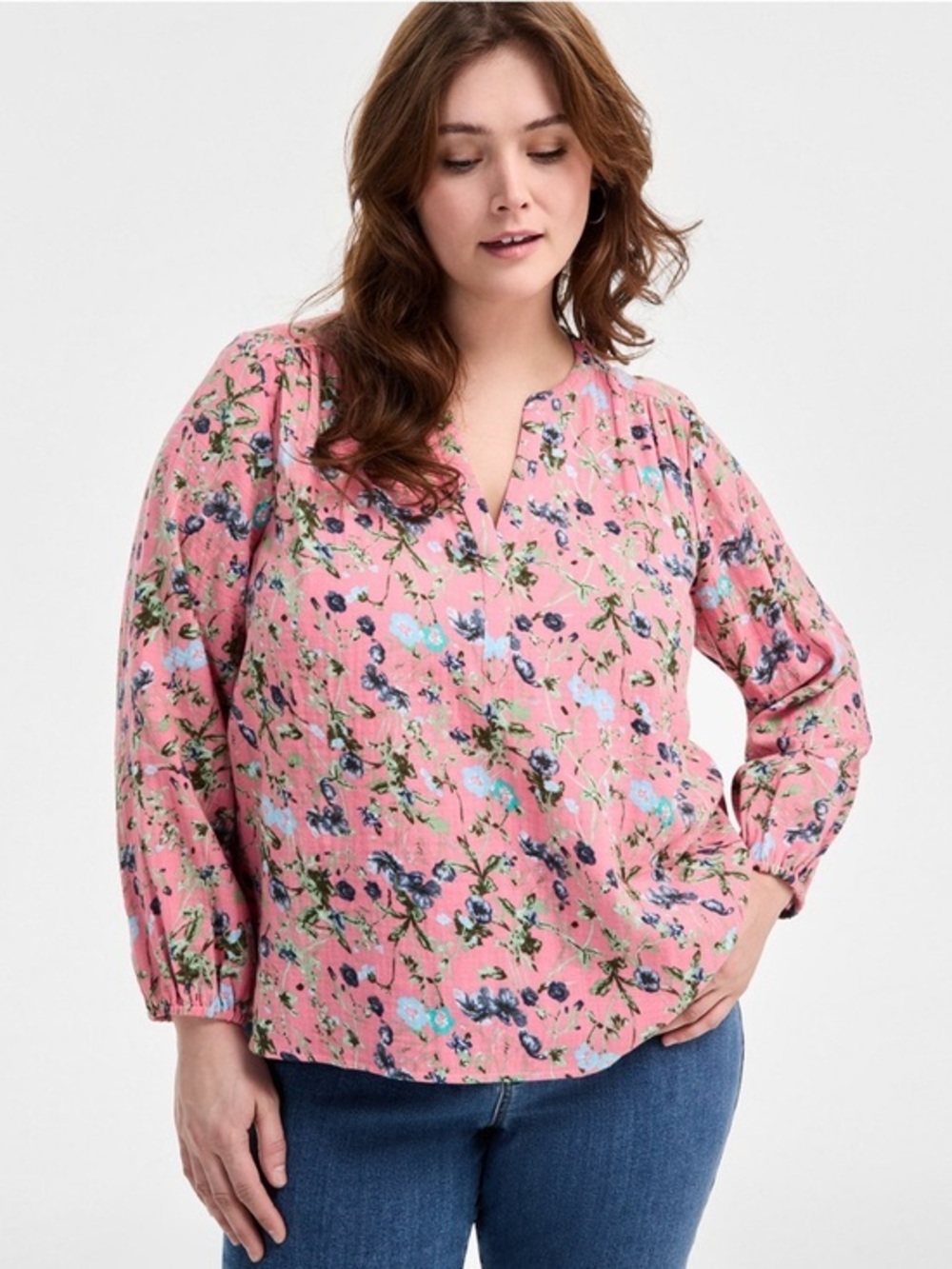 Style & Co Floral Cotton Gauze Blouse Top Long Sleeve Pink Boho Peasant Fairy 3X